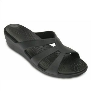 FREE SHIP Crocs Sanrah Black Strappy Wedge Sandal